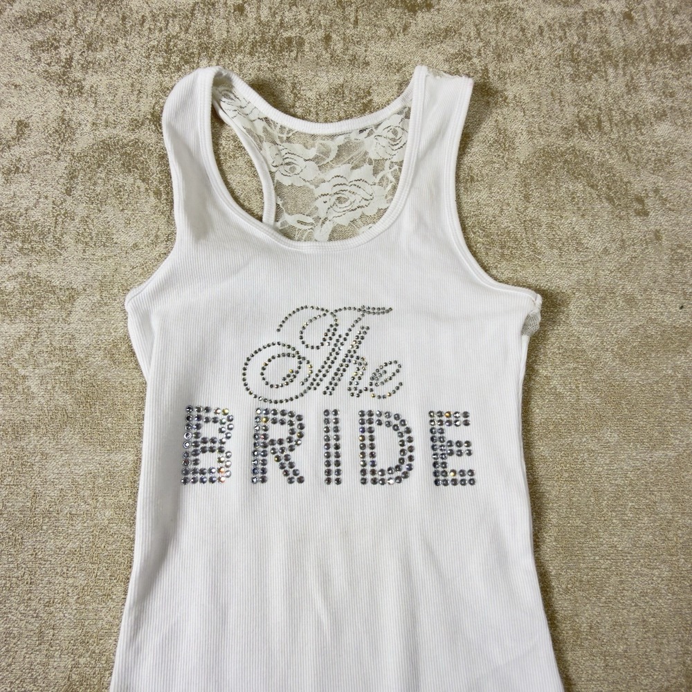 DAVID'S BRIDAL "THE BRIDE" TANK WHITE W/SILVER RHINESTONE BLING & LACE BACK M